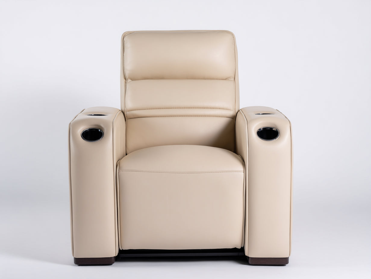 Fauteuil relax en revêtement effet cuir 95x90x105 cm - Beige-Noir - Avec porte-gobelets