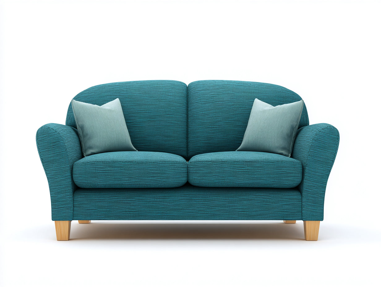 Canapé 2 places en tissu texturé 160x85x86 cm - Bleu pétrole-Bois naturel - Accoudoirs arrondis