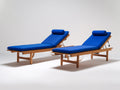 Bain de soleil en bois avec revêtement rembourré 190x65x82 cm - bois naturel et bleu - lot de 2 inclinable