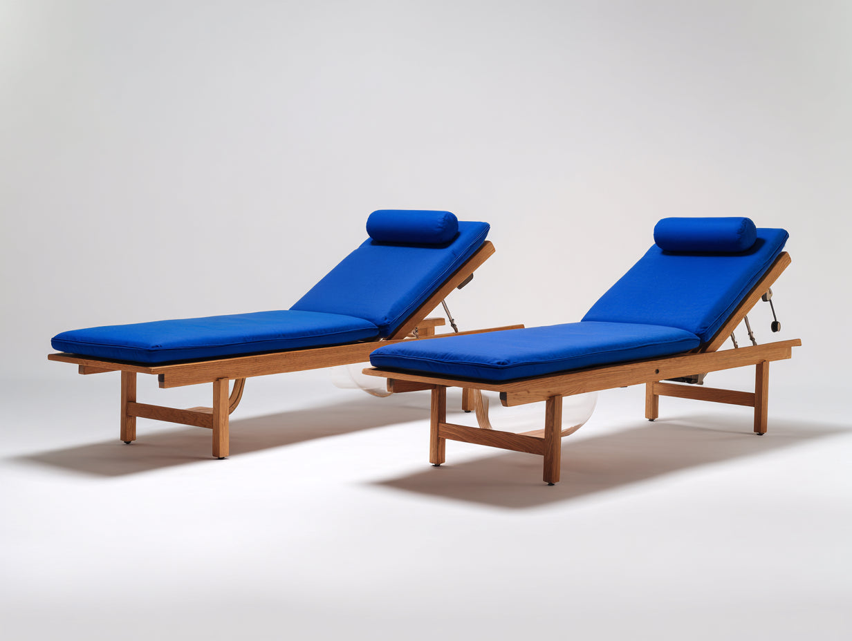 Bain de soleil en bois avec revêtement rembourré 190x65x82 cm - bois naturel et bleu - lot de 2 inclinable