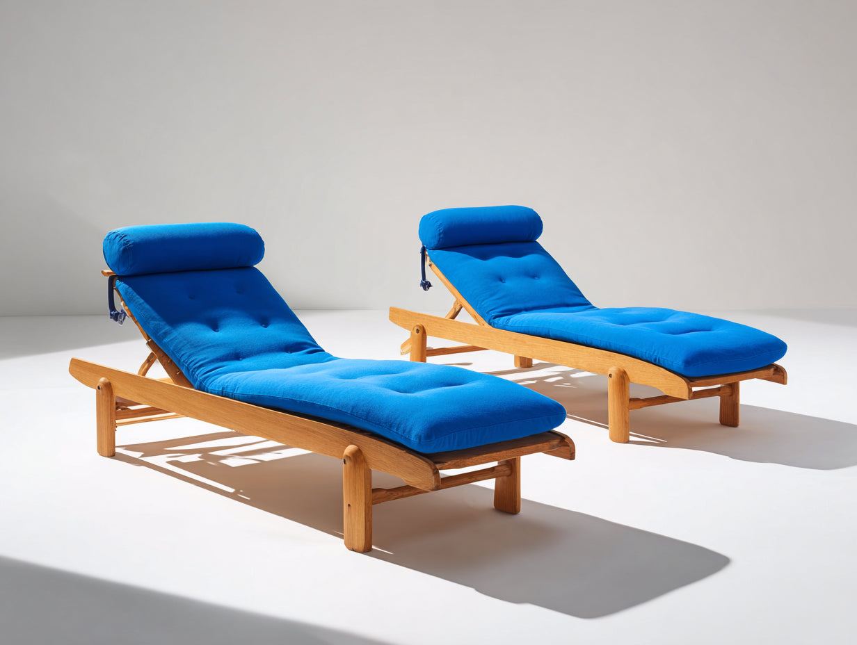 Bain de soleil lot de 2 en bois 200 x 70 x 95 cm - Bleu et bois naturel - Dossier réglable et assise rembourrée pour extérieur