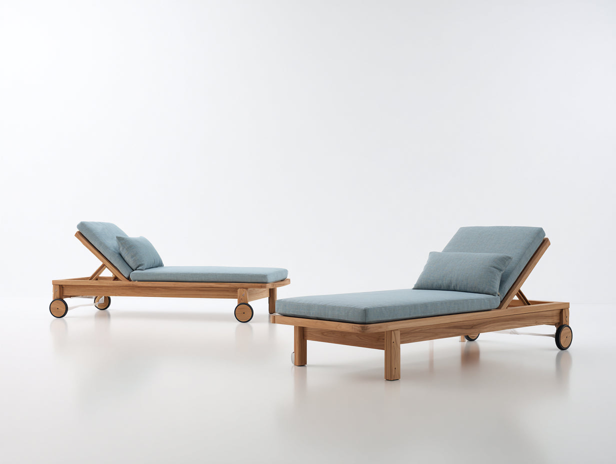 Bain de soleil lot de 2 en bois avec coussins 200x65x88 cm - bois naturel et bleu - dossier inclinable pour jardin
