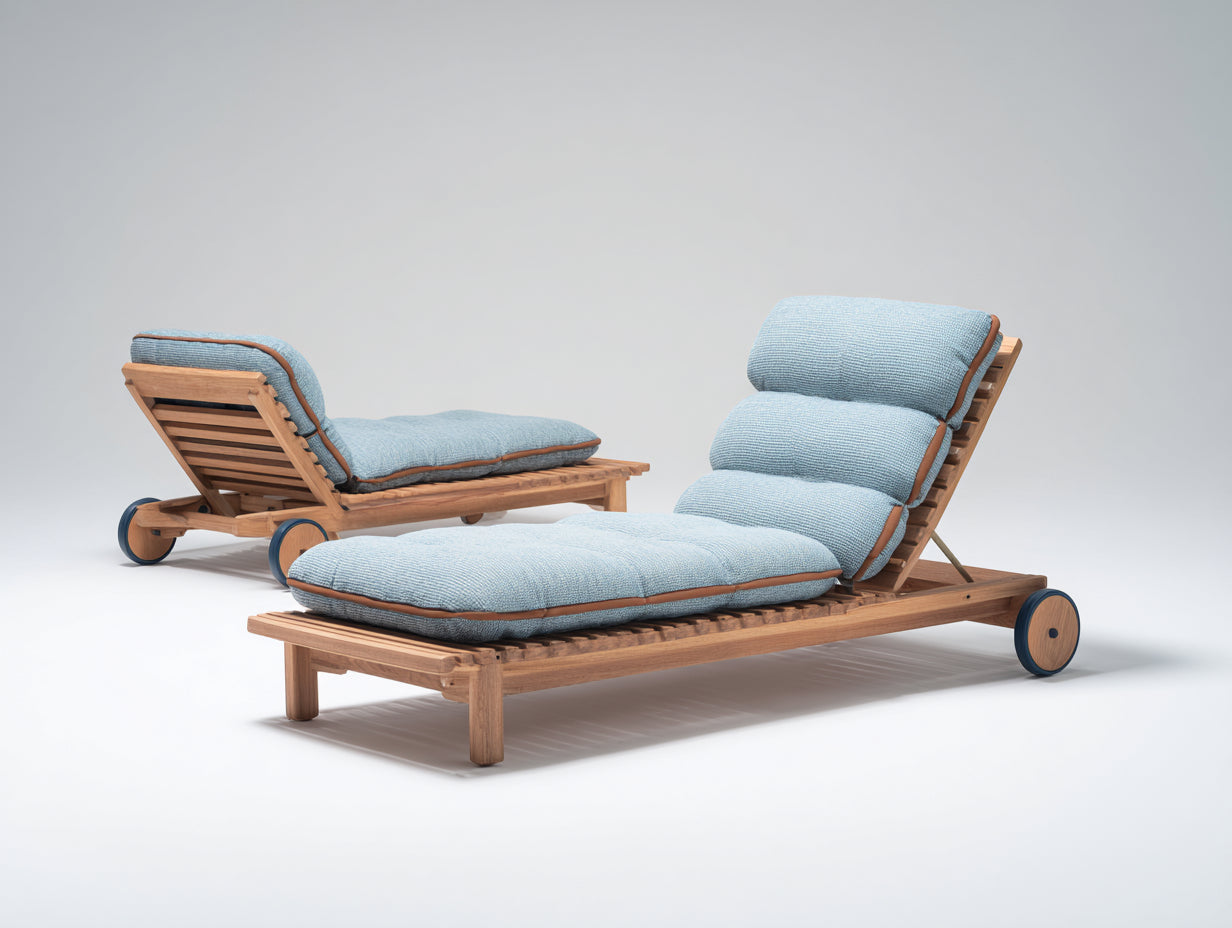 Bain de soleil en bois 200x75x88 cm - Bois naturel-Bleu clair - Lot de 2 avec roues