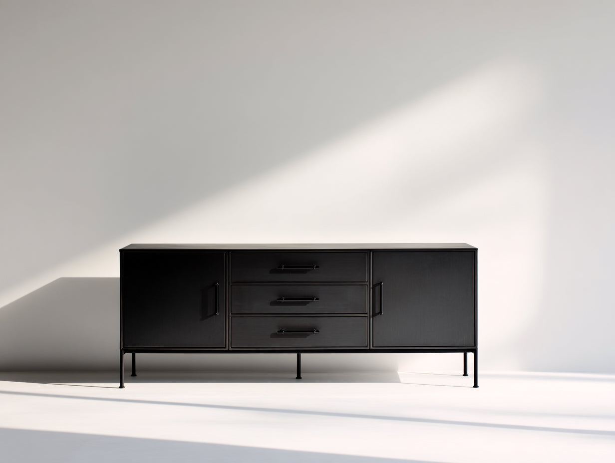 Meuble d'entrée en bois avec métal 160x40x78 cm - Noir - 2 portes et 3 tiroirs