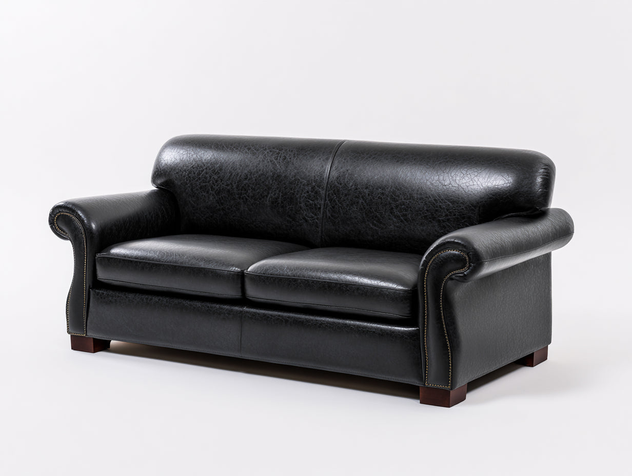 Canapé 2 places en revêtement effet cuir 168x90x82 cm - Noir-Brun - Accoudoirs roulés