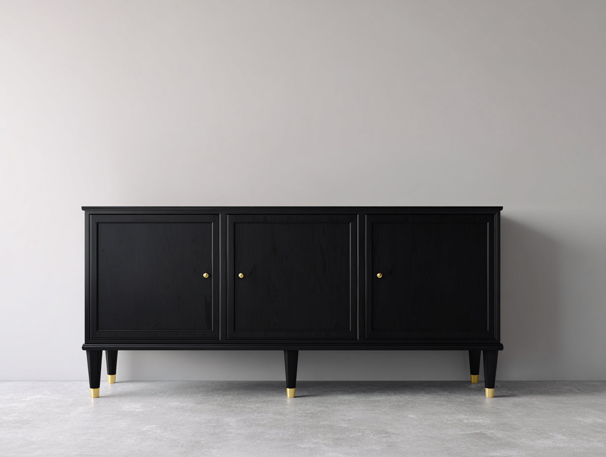 Meuble d'entrée en bois et panneaux 160x40x78 cm - noir et doré - style contemporain avec 3 portes