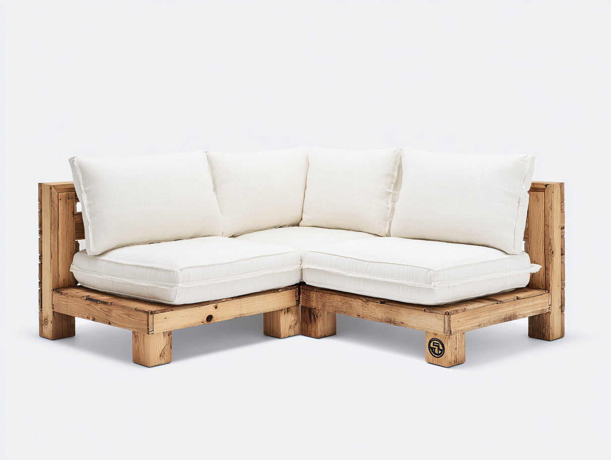 Canapé de jardin en bois massif 220x220x75 cm - bois naturel et blanc - style rustique d'angle