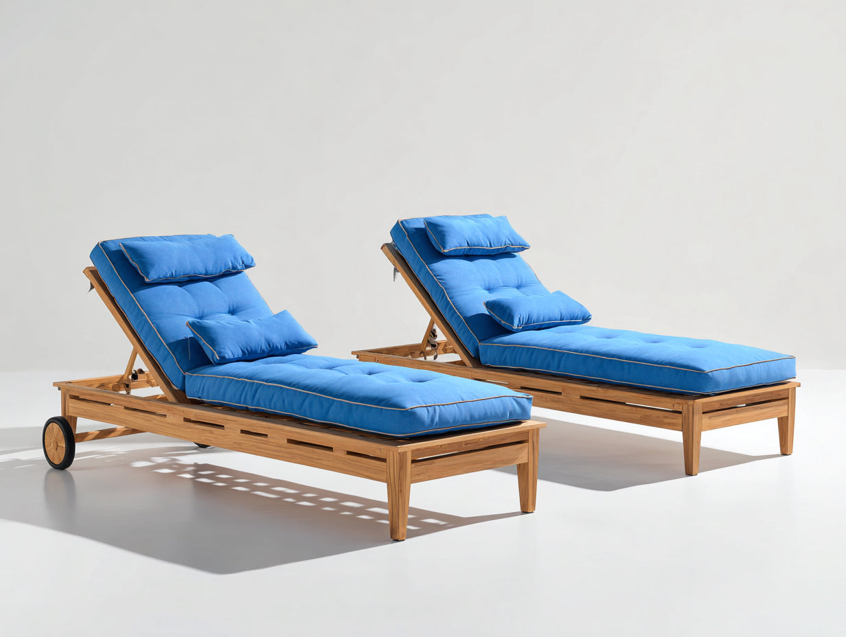 Bain de soleil en bois avec coussins 200x70x90 cm - bois naturel et bleu - lot de 2 inclinable avec roulettes