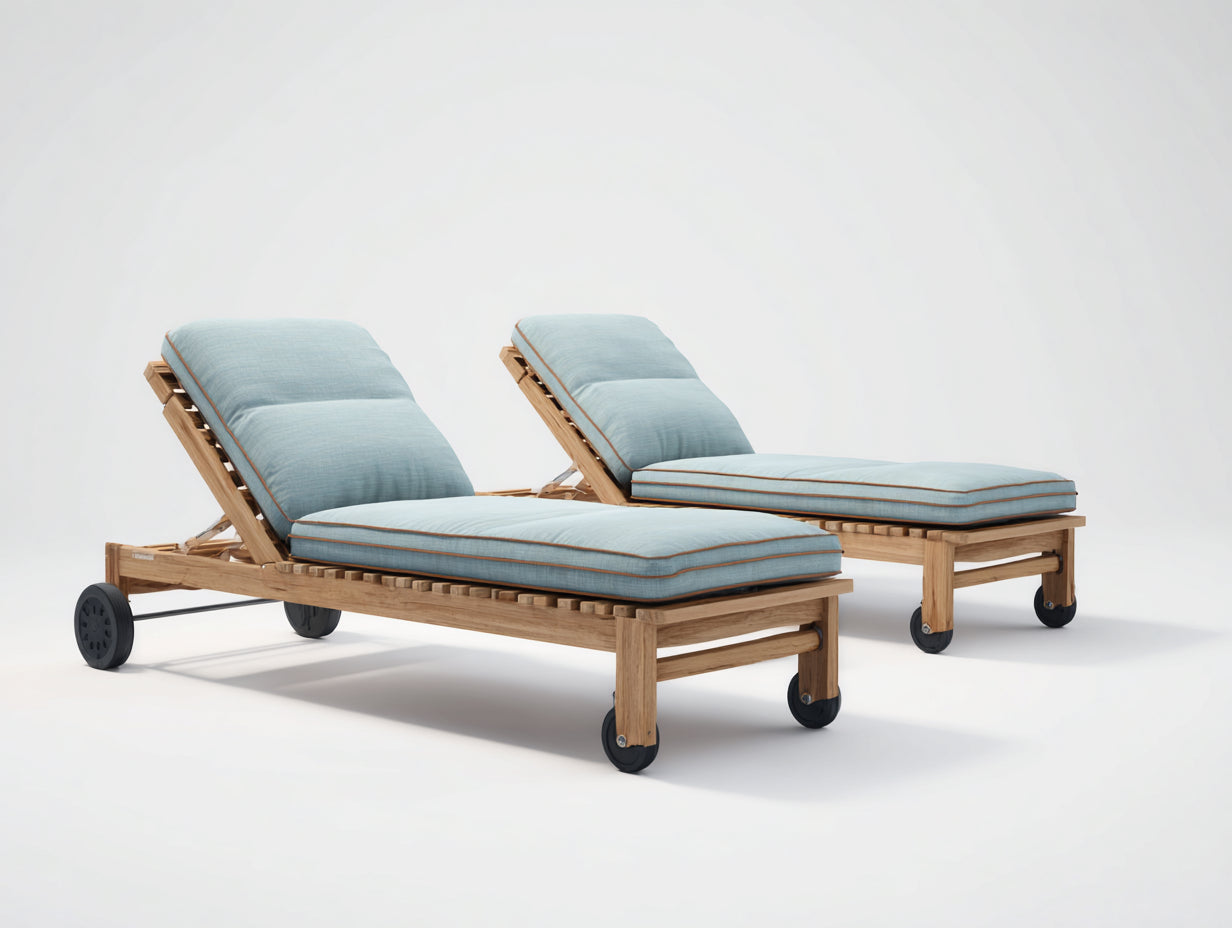 Bain de soleil lot de 2 en bois 200 x 75 x 95 cm - Bleu clair et bois naturel - Dossier réglable et roulettes pour extérieur