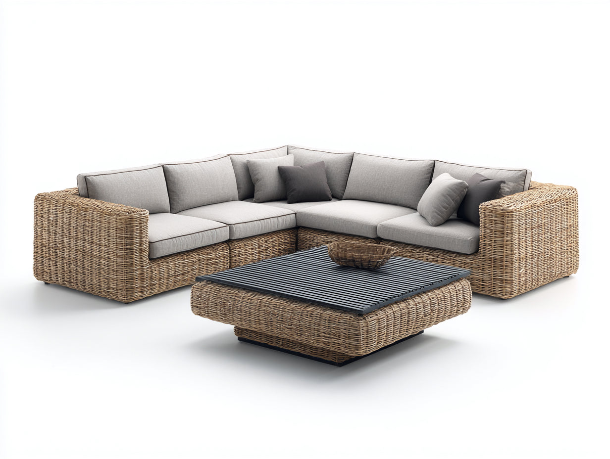 Canapé de jardin en rotin tressé 270x270x70 cm - rotin naturel et beige - style contemporain avec table basse