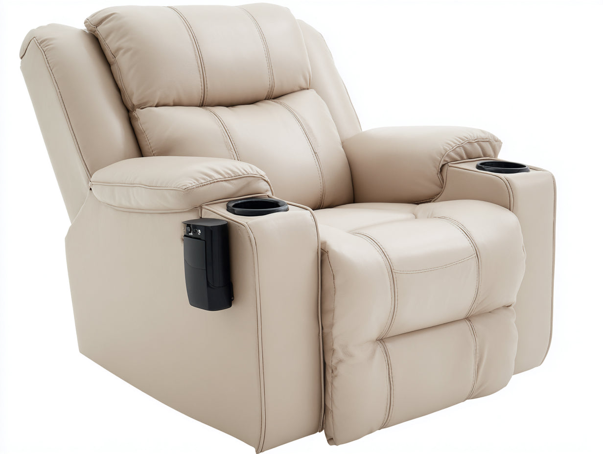 Fauteuil relax en revêtement effet cuir 96 x 92 x 104 cm - beige et noir - porte-gobelets intégrés