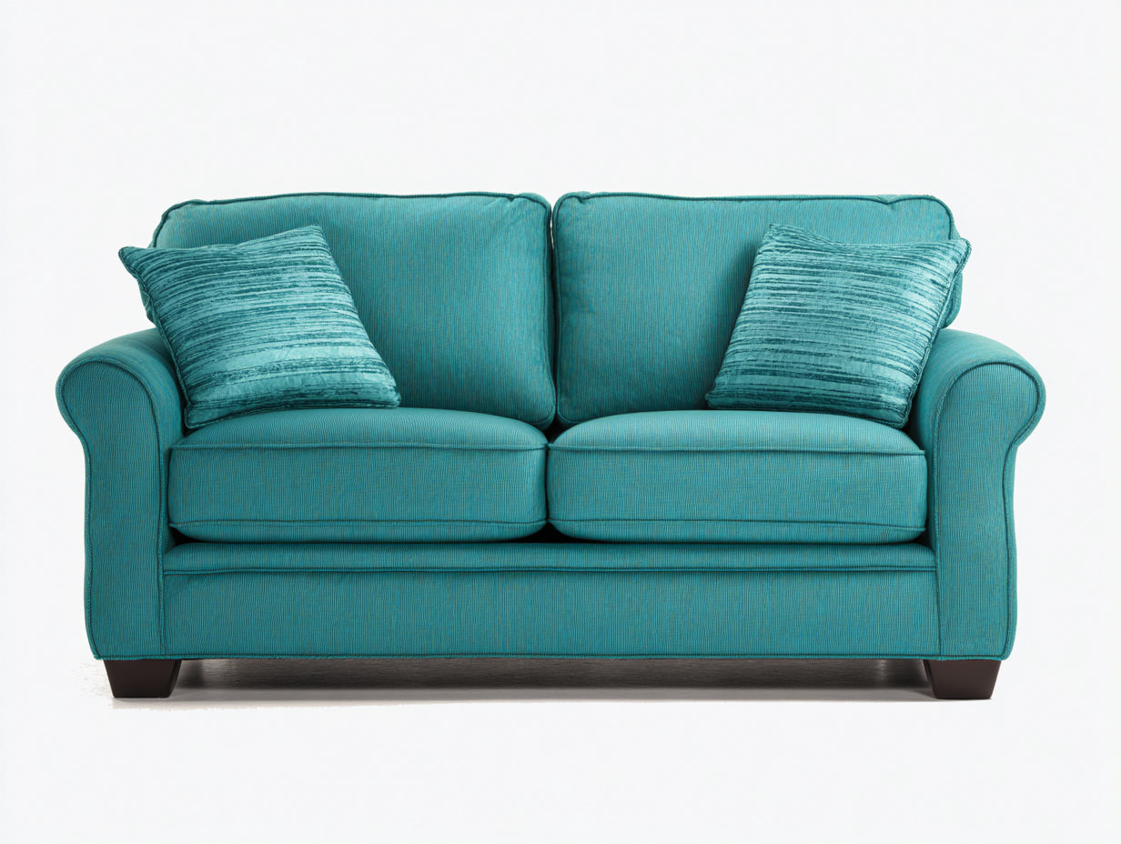 Canapé 2 places en tissu texturé 175x88x84 cm - bleu turquoise et bois foncé - style classique moderne