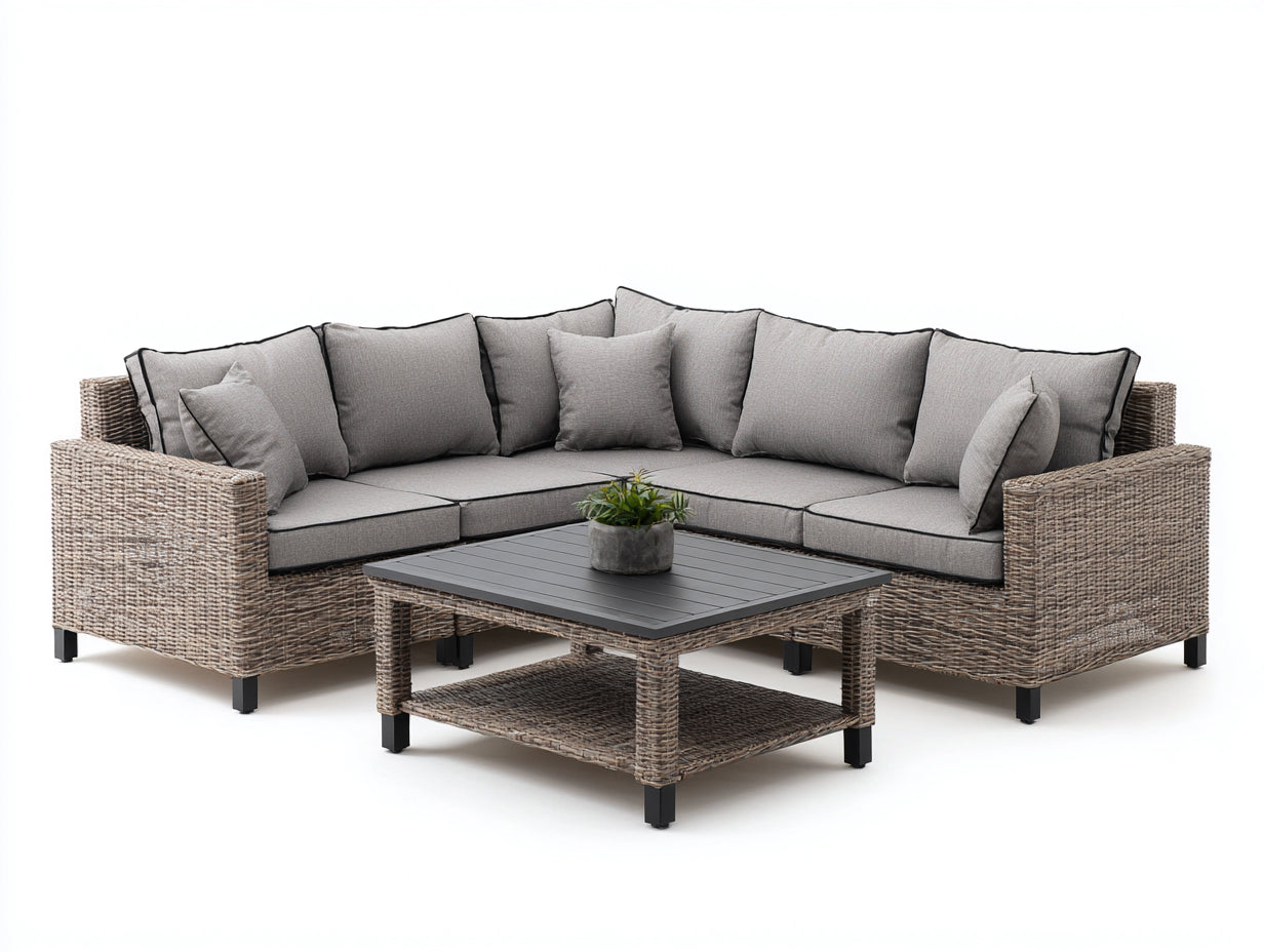 Canapé de jardin d'angle en résine tressée 260 x 260 x 74 cm - gris clair et noir - table basse assortie