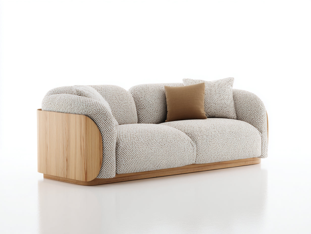 Canapé 2 places en tissu bouclé 200 x 95 x 76 cm - beige et bois naturel - accoudoirs arrondis