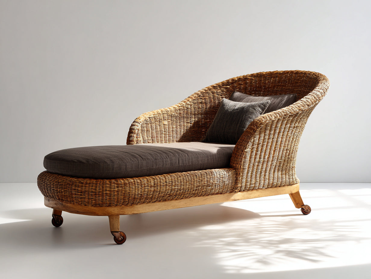 Bain de soleil en rotin tressé 190x80x95 cm - rotin naturel et brun foncé - style bohème avec roulettes