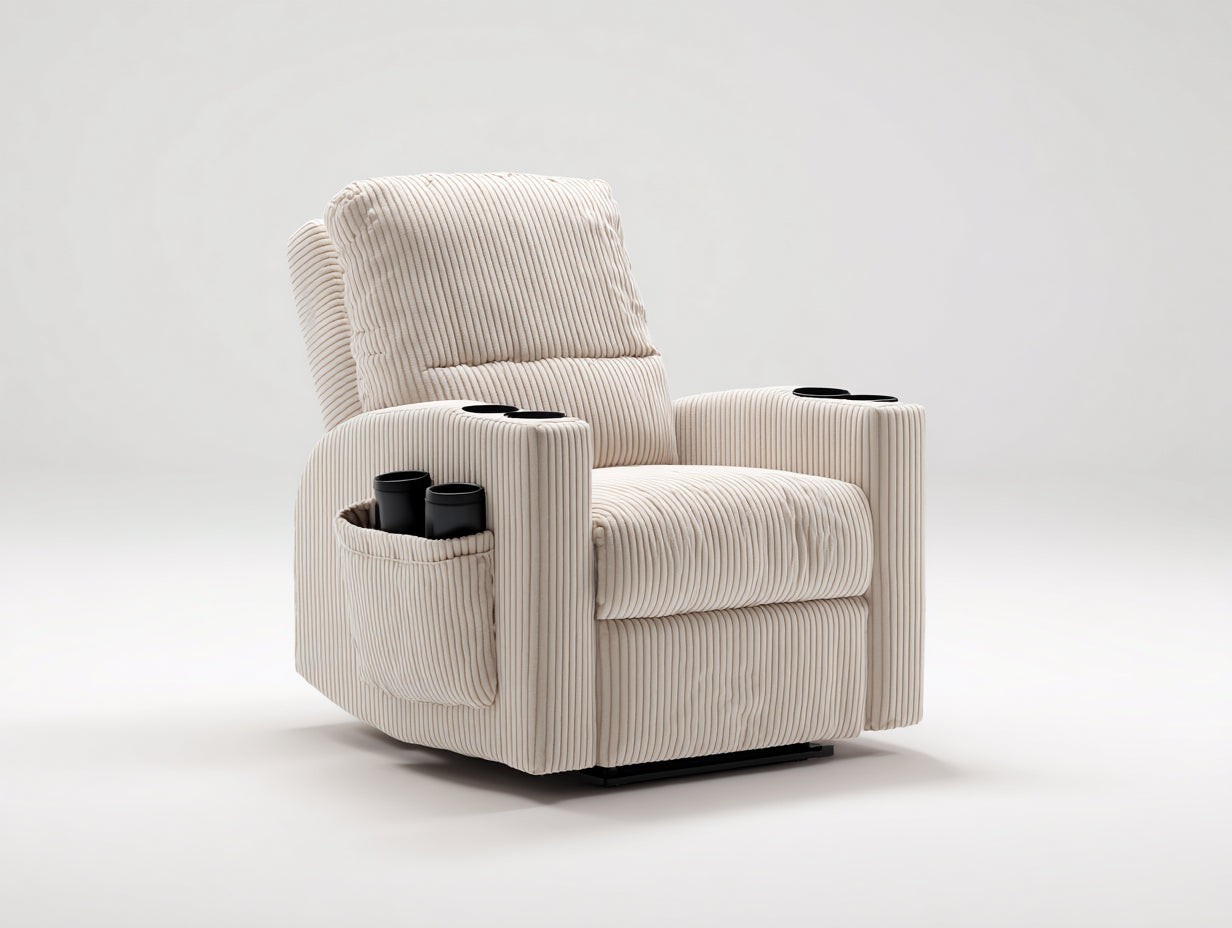 Fauteuil relax en tissu côtelé 94 x 98 x 106 cm - Crème - Repose-pieds et porte-gobelets intégrés pour salon