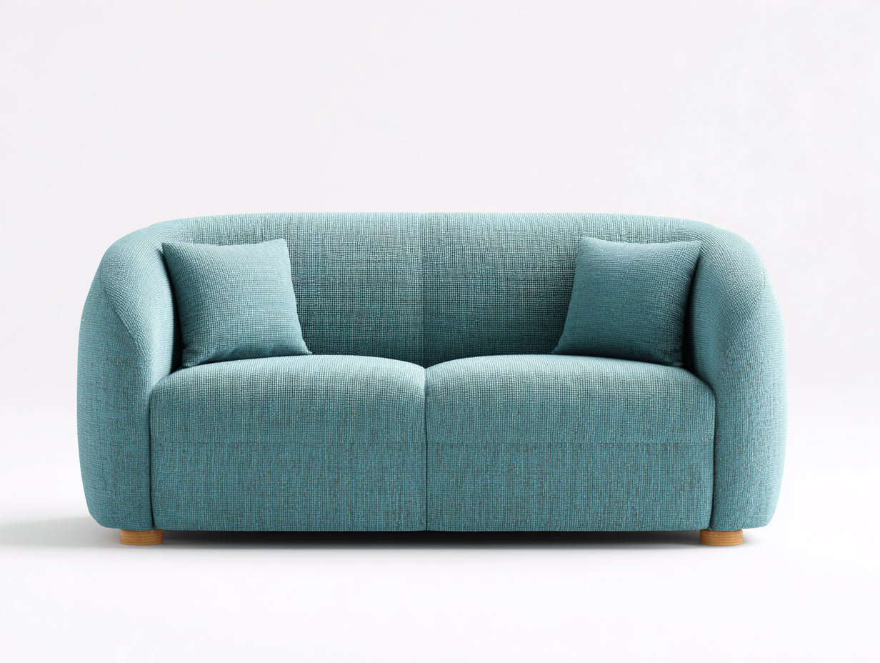 Canapé 2 places en tissu texturé 170x90x78 cm - bleu turquoise et bois naturel - style arrondi pour salon