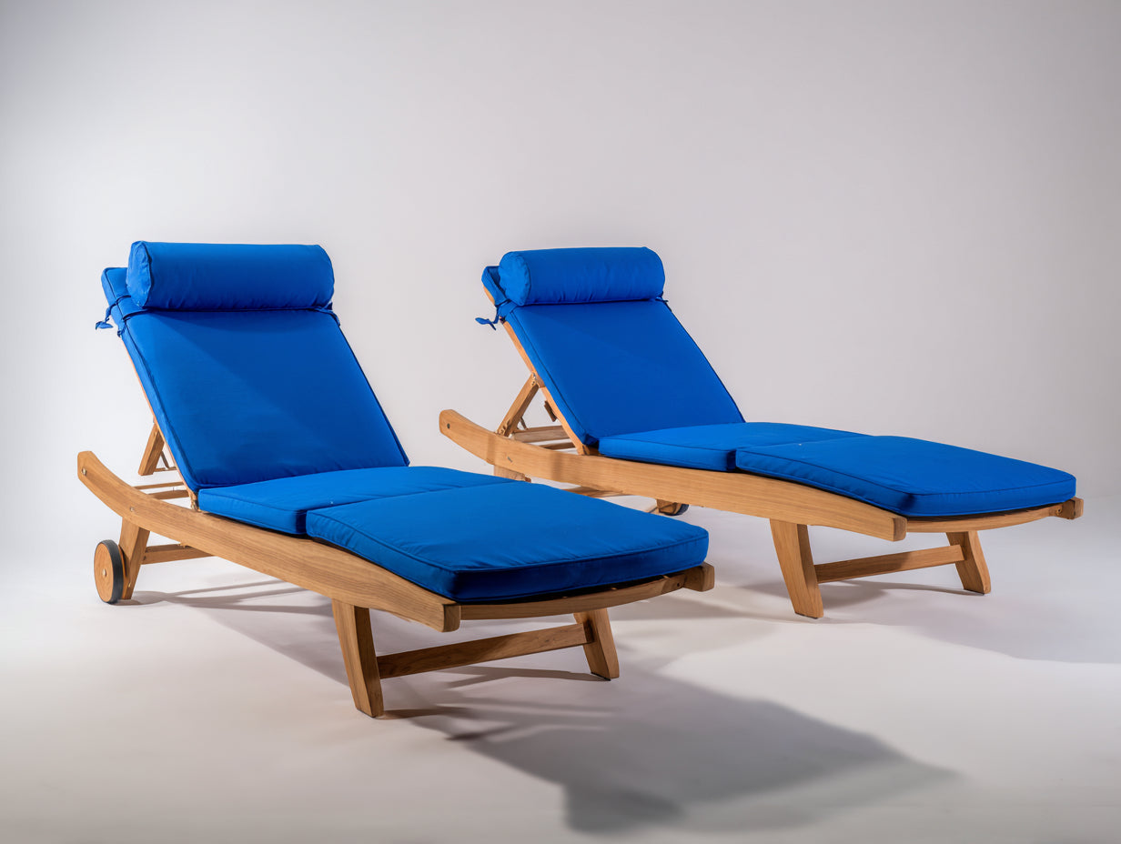 Bain de soleil en bois 200x70x88 cm - Bois naturel-Bleu - Lot de 2 avec roues