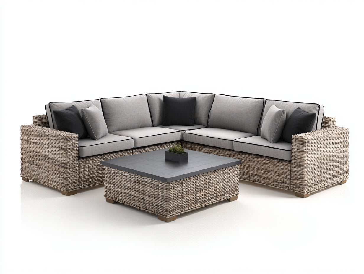 Canapé de jardin en rotin tressé 260x260x75 cm - Beige-Gris-Noir - Avec table basse