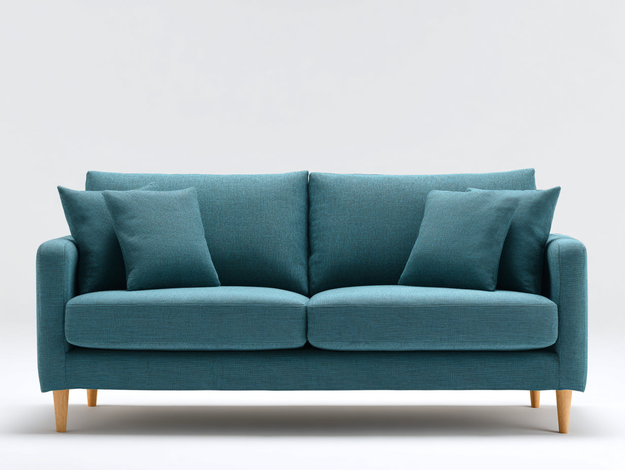 Canapé 2 places en tissu texturé 180x86x82 cm - bleu pétrole et bois naturel - style scandinave