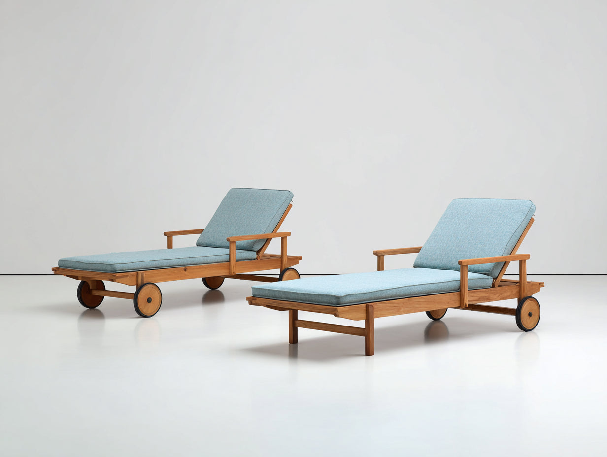 Bain de soleil en bois avec coussins 190x65x85 cm - bois naturel et bleu clair - lot de 2 avec roulettes