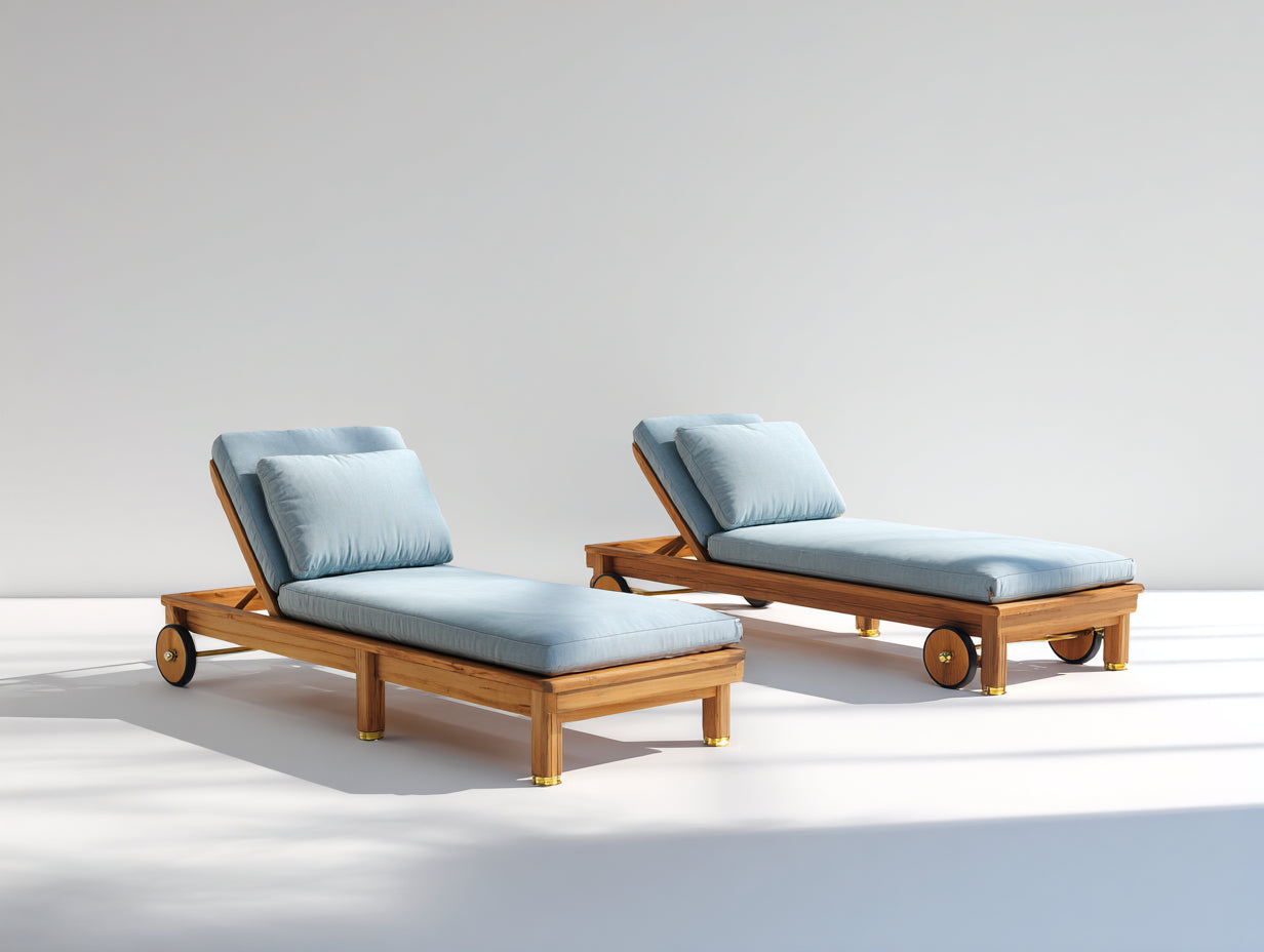 Bain de soleil lot de 2 en bois avec coussins 200x70x85 cm - bois naturel et bleu clair - dossier inclinable pour jardin