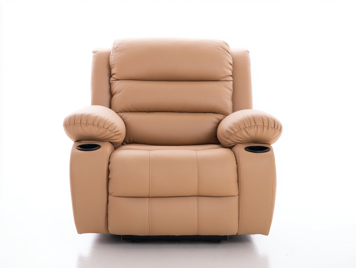Fauteuil relax en revêtement effet cuir 98x92x104 cm - Beige camel-Noir - Avec porte-gobelets