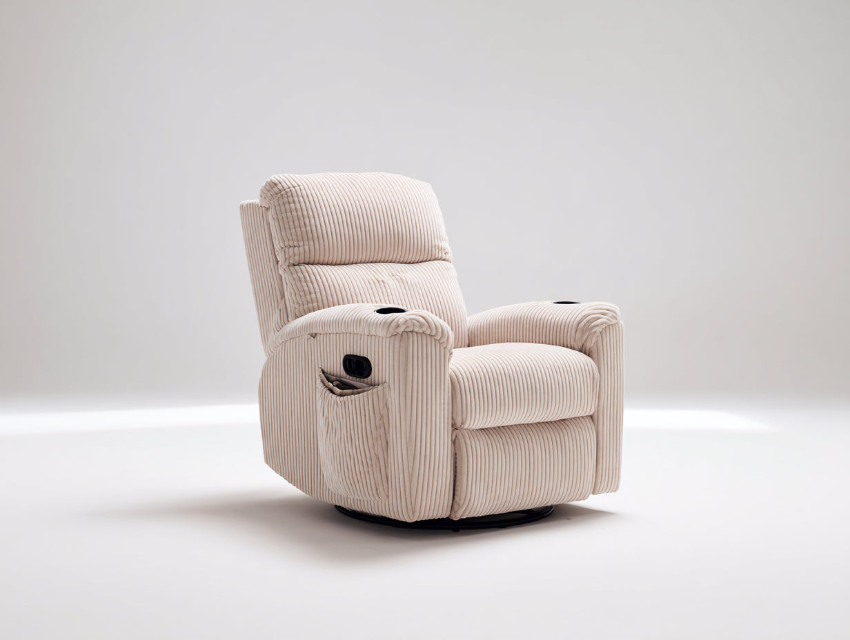 Fauteuil relax en tissu côtelé 95x92x108 cm - beige crème et noir - style moderne avec porte-gobelets