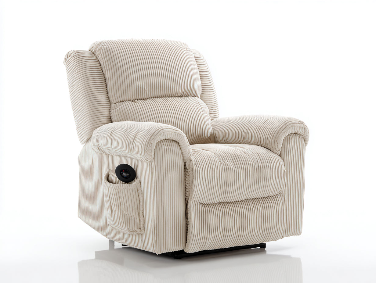 Fauteuil relax en tissu côtelé 96x94x106 cm - beige crème et noir - style moderne avec poche latérale