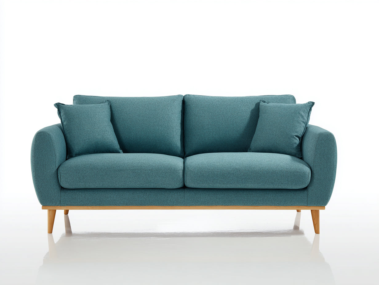 Canapé 2 places en tissu 180x85x85 cm - bleu canard et bois naturel - style moderne pour salon