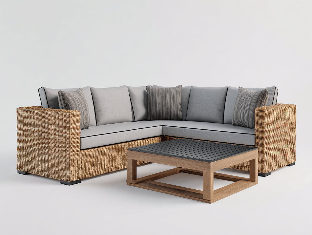 Canapé de jardin d'angle en rotin avec table basse 250x250x78 cm - rotin naturel et gris - ensemble détente pour terrasse