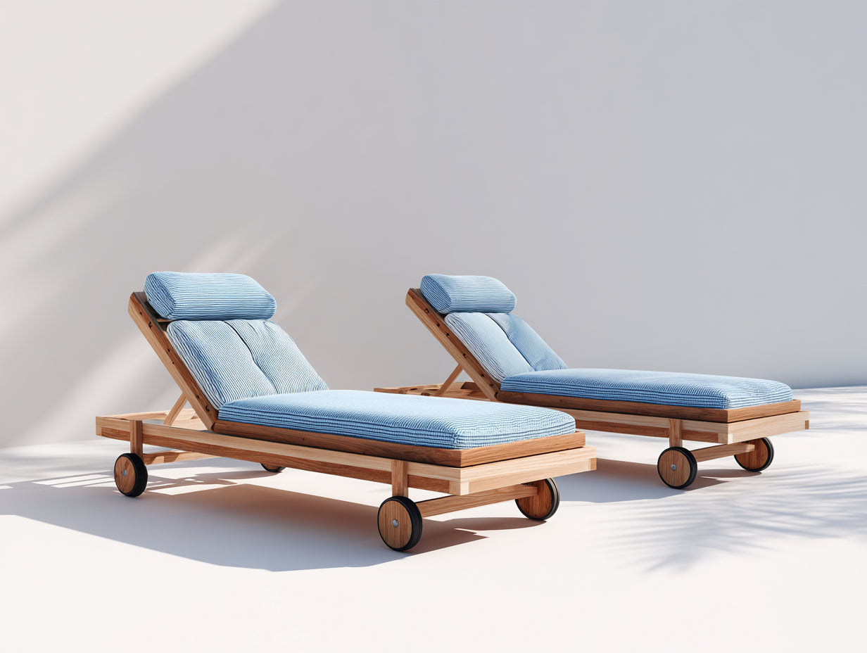 Bain de soleil en bois naturel 200 x 72 x 90 cm - coussins bleus - dossier réglable avec roulettes
