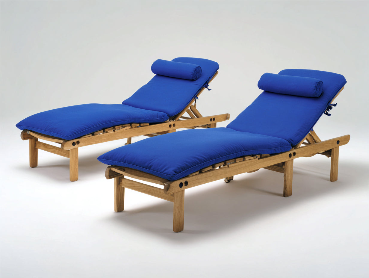 Bain de soleil lot de 2 en bois avec coussins 200x70x90 cm - bois naturel et bleu royal - dossier inclinable pour jardin