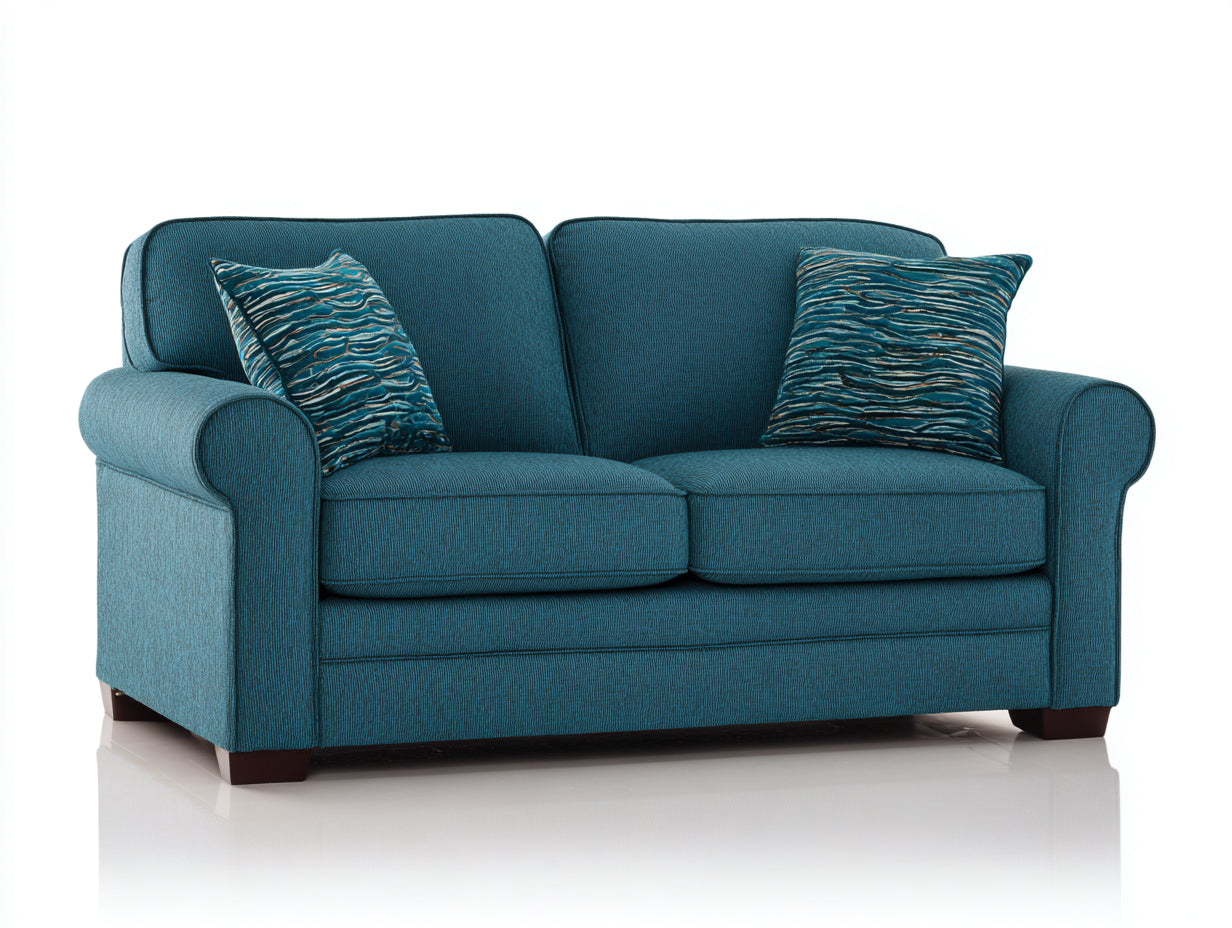 Canapé 2 places en tissu texturé 165x90x88 cm - bleu canard et bois foncé - style classique pour salon