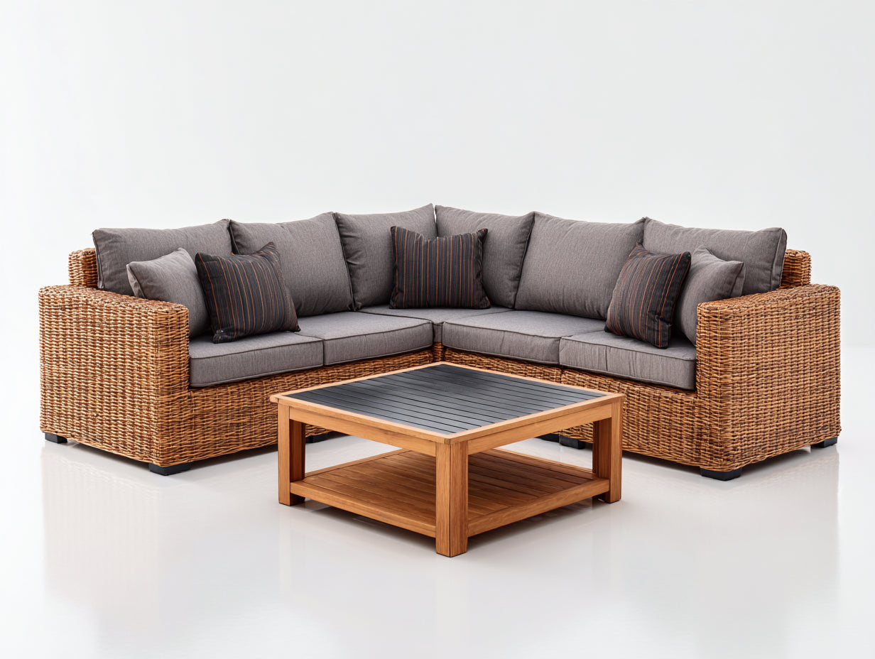 Canapé de jardin en rotin tressé 260x260x75 cm - Marron-Gris-Noir - Avec table basse